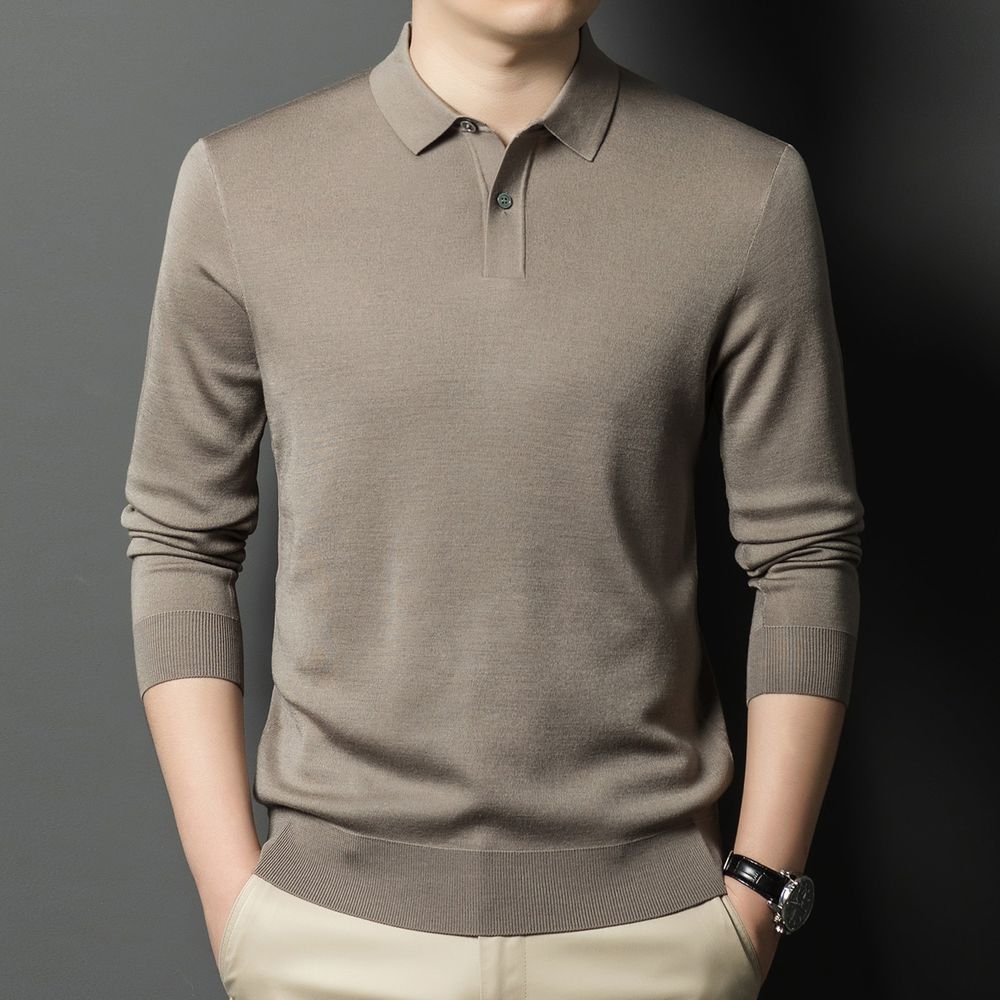 Men's Long-sleeved T-shirt with Lapel Business Casual All-match Wool Polo